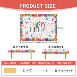 Livcoz Happy Birthday Rectangle Tablecloth 52 x 70 Inches, Colorful Birthday Hat Gifts Decorative Dining Table Cloth, Rainbow Polka Dots Dinner Tablecover Picnic Party Decoration