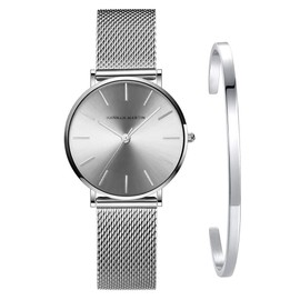 Kubagom Women's Watches Analogue Quartz Stainless Steel Waterproof Mesh Ultra Thin Set with Bangle, Silver surface, silver bracelet, silver bangle.