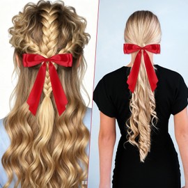 LIQWEI 2 Pcs Red Hair Bow, Red Hair Clips for Hairs Satin Bows Hairs Ties, Large Double Satin Ribbon Accessories for Women Girls Ponytail Holder Holiday Party