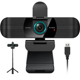 RUWBY Full HD 1080P Webcam with Built-in Dual Mics, Wide-Angle Lens, Privacy Cover, Tripod Stand, Autofocus Computer Camera, Plug and Play for Desktop PC or Laptop