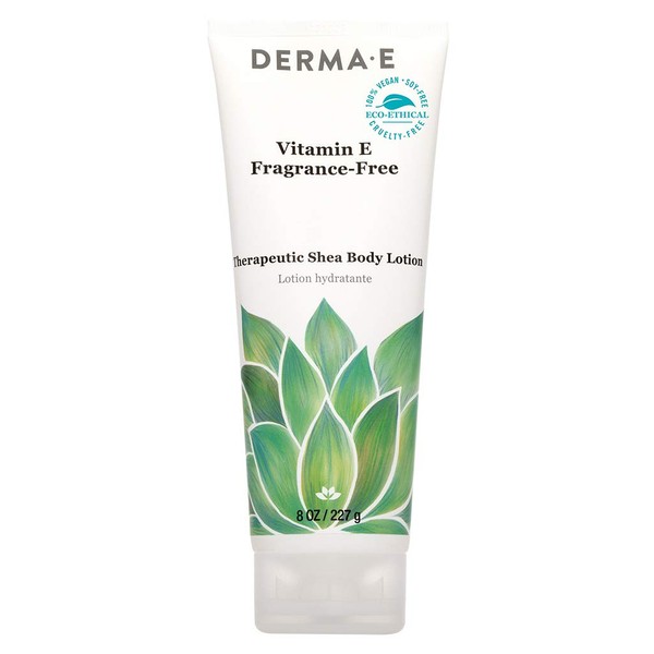 DERMA E Vitamin E Fragrance Free Therapeutic Shea Body Lotion – Natural Moisturizer for Sensitive Skin – Unscented Soothing Moisturizing Cream, 8 oz