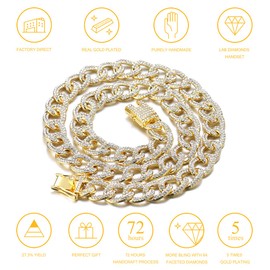 Halukakah Cuban Chain for Men Iced Out, 14 mm Oval 18 Carat Real Gold Plated/Platinum White Gold Necklace, Laboratory Diamonds Hand Inlaid, Gift for Him, Brass, No Gemstone