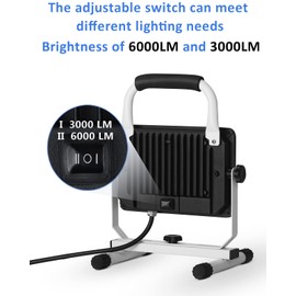 UFOND 6000 Lumen LED Work Light with Stand,60W Waterproof Flood Light, Brightness Switch Adjustable,Super Bright 10Ft Power Cord Portable Job Site Worklight for Garage Workshop Car,Outdoor Lighting