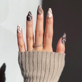 Brown Press on Nails Almond, KXAMELIE Nails Glue Medium Length with Swirl Acrylic Nails, Fake Nails for Daily Use for Women and Girls, DIY Nail Art Gift in 24 Pieces