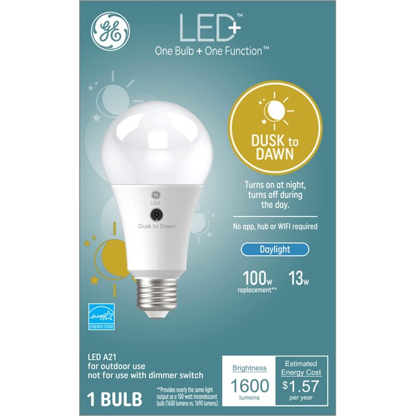 GE Lighting LED+ Dusk to Dawn Outdoor Light Bulb, Sunlight Sensor, Daylight, Automatic On/Off Light Sensing Bulb, A21 Light Bulb (1 Pack)