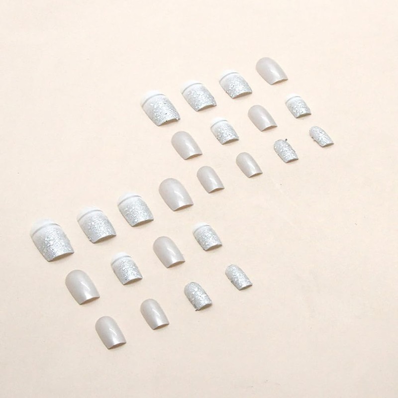 Clataly 24 Pcs Square Nail Silver Glitter Powder Fake Nails