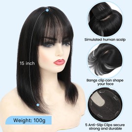 Hair Toppers for Women Hair Toppers with Bangs 7.5x8 Inch Large Lace Base Clip In Bangs Hair Toppers for Women Real Human Hair Cover Grey Hair Roots Add Volume 15inch(Natural Black)