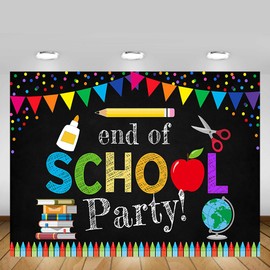 MEHOFOND 7x5ft End of School Party Photo Studio Booth Backdrops Props Colorful Pens Books Confetti Classroom Teacher Black Graduation Bash Decoration Backgrounds Banner for Photography