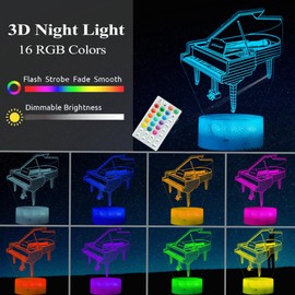 POSSHE Piano Night Light, Instrument Gifts, Piano 3D Illusion Lamp with 16 Colors Changing, Timer, 4 Flash Modes and Dimmable, Kids Boys Girls Room Decoration, Holiday Xmas Music Gifts