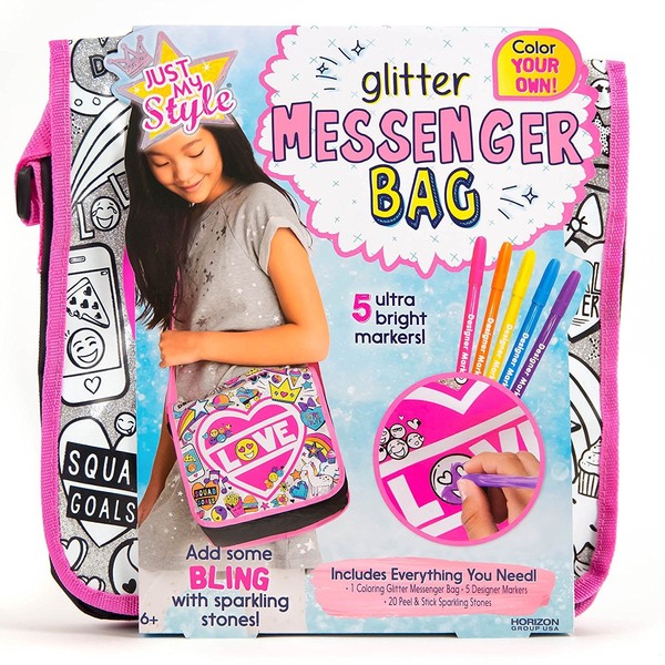 Just My Style Color Your Own Glitter Messenger Bag by Horizon Group USA,Embellish Your Girl Power Purse Using Sparkling Gem Stones & 5 Bright Markers Included,DIY Arts & Crafts Activity Kit,Multicolor