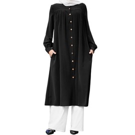 Muslim Women's Long Abaya Dress Loose Women Modest Islamic Dubai Dress Kaftan Abayas Button Down Shirt Islamic Abaya Casual Prayer Clothes Khimar Middle East Outfits Eid Ramadan Dress Black 2XL