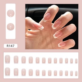 24PCS Press on Nails Short French Fake Nails Glue on Nails Glossy Coffin Acrylic Nails Nude Pink French Tips Nails False Nails with Glue Square Head Full Covers Stick on Nails for Women and Girls