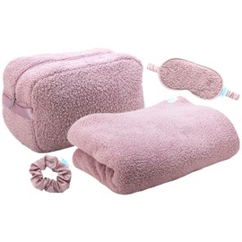 Bliss Womens Travel Blanket Set - 4 Piece Plush Microfiber Packable Travel Blanket with Relaxing Sleep Mask, Carry On Case, and Satin Hair Tie, Pink Gaze