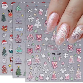 Christmas Nail Stickers 3 Sheets 5D Christmas Nail Decals Holiday Nail Stickers Pink Cute Snowman Santa Nail Art Stickers for Gel Nails Stickers for Nails DIY Nail Art Decoration Nail Art Supplies