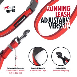 Tuff Pupper Hands Free Adjustable Length Dog Leash | Lightweight for Running Jogging Walking | Padded Waist Belt (24-50 inch) | Adjusts 3 to 6 Feet Length | Strong Ballistic Nylon w/Reflective Strips