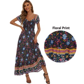 Sanmuzi Plus Size Women Boho Beach Floral Print Summer Dress Off Shoulder Short Sleeve Drawstring High Waist Flowy Long Maxi Dresses