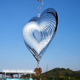 WindAngel Stainless Steel Wind Spinner Outdoor for Yard and Garden Decoration,3D Heart Pattern Metal Wind Sculptures & Spinners, Indoor Whirligig Crafts Ornaments Gifts (3D-Heart-Silver)