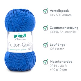 Gründl Cotton Quick Uni Knitting/Crochet Yarn, 10 Balls of 50 g (Colourful 100% Cotton Yarn, Oeko-Tex Certified, 50 g/125 m, Needle Size: 3–4, 10 x 50 g, Royal Blue