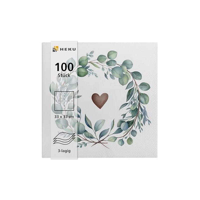 HEKU 100 napkins, 3-ply, 33 x 33 cm, eucalyptus heart,