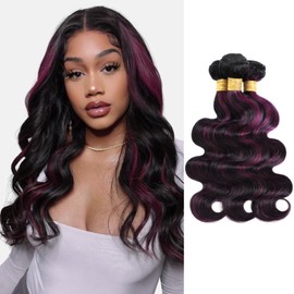 ALHER Black Mix Purple Highlight Bundles Human Hair Body Wave 22 24 26 IN, 12A Soft Thick 1B/Purple Burgundy Bundles Wavy Human Hair, 100% Remy Hair Midnight Purple Highlight Dark Root Two Tone Color