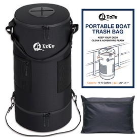 TioTie Boat Trash Can with 5.5in PVC Cross Opening, Large 26" Marine Garbage Bag for Pontoon, Fishing & Kayak Boats, 1680D Waterproof/Windproof Boat Trash Bag with Storage Pockets (Black)