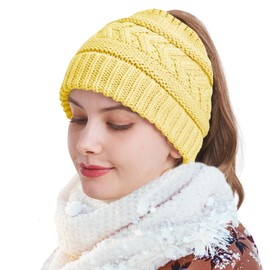 PFFY Ponytail Beanie Hat for Women Winter Warm Knit Beanies High Bun Hats Skull Cap Yellow (Ponytail)