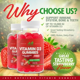 Vitamin D3 5000IU / 10,000IU Gummies for Adults & Kids (120 Count) - Maximum Strength Support for Immune System, Bones & Teeth - Gluten-Free, Non-GMO, Great Tasting Strawberry Flavor - 4 Month Supply