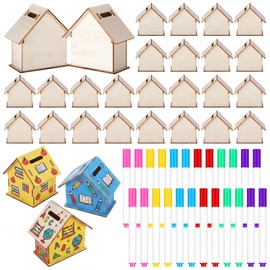 Briwooody 12 Set DIY Unfinished Wooden Houses Bank Unfinished Piggy Bank Set with Coloring Pens Blank Coin Box Crafts for Wood Piggy Banks Craft and Home Activities Fun