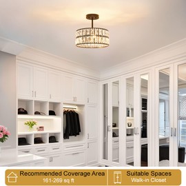 Matte Black Crystal Ceiling Light, Modern Semi Flush Mount Ceiling Lighting, Hallway Lighting Fixtures, Small Chandelier Light Fixture for Kitchen Entryway Bedroom Dining Room, 3-Light, 12 Inch