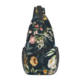 LOSTORCHI Floral Crossbody Sling Bag for Women Men Watercolor Pink Blush Flower Green Leaves Branches Travel Sling Backpack Casual Chest Shoulder Bag Colorful Flower Print Gym Sports Hiking Daypack