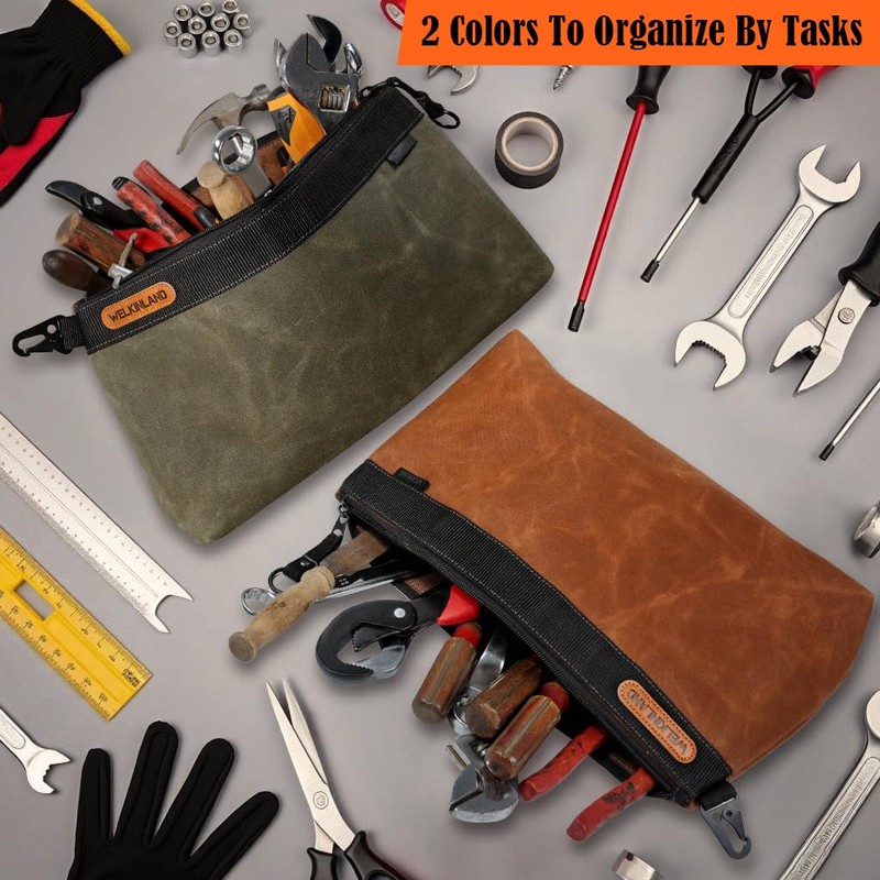 WELKINLAND 2-Pack Heavy-Duty Waxed Canvas Tool Pouches, 14-Inch Zippered Tool