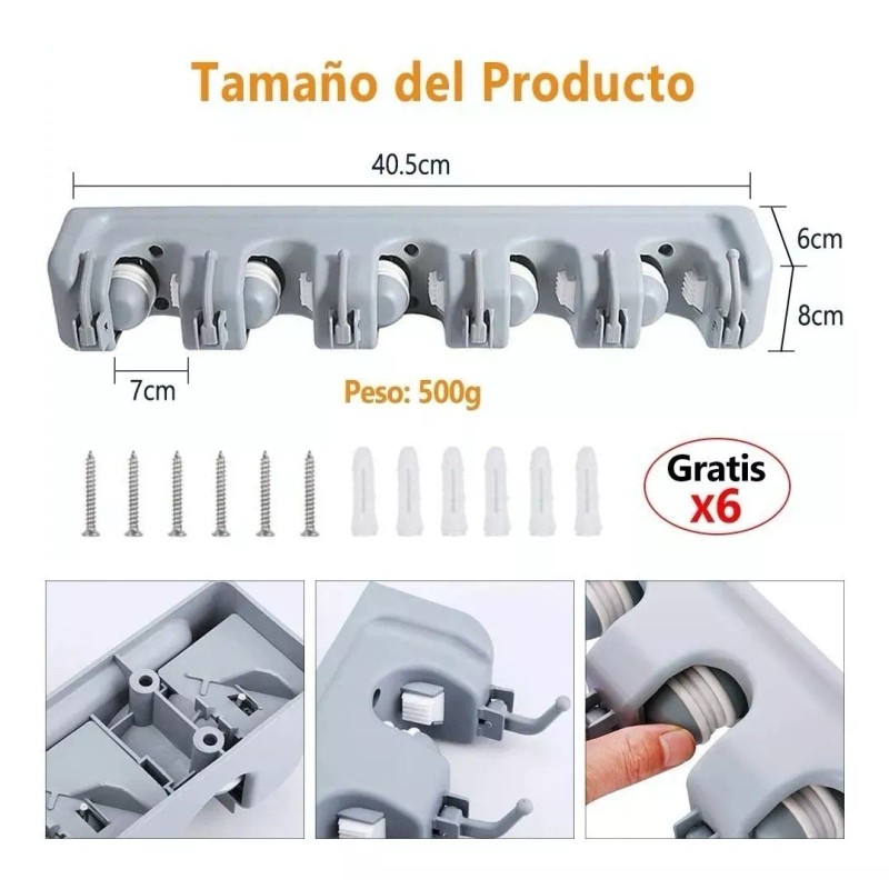 ML Organizador Con Trapeadores Y 5 Espacios Para Colgar Escobas