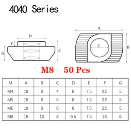 50pcs 4040 Series M8 Thread T Nuts Hammer Head Fastener Nut Sliding T-Nut,Nickel Plated Carbon Steel Nut for 40 Series Aluminum Extrusion Profile T Slot 8mm (4040 Series M8)