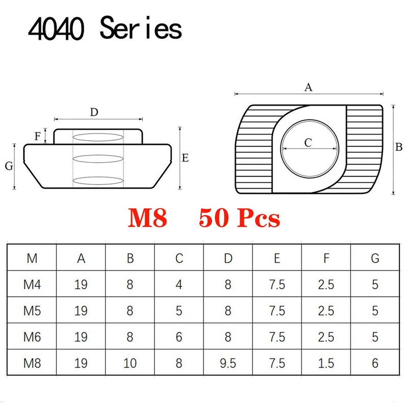 50pcs 4040 Series M8 Thread T Nuts Hammer Head Fastener