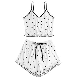 Avanova Women's Sleepwear Strawberry Graphic Ruffle Cami Sleeveless with 2 Piece Pajama Set White Heart Small