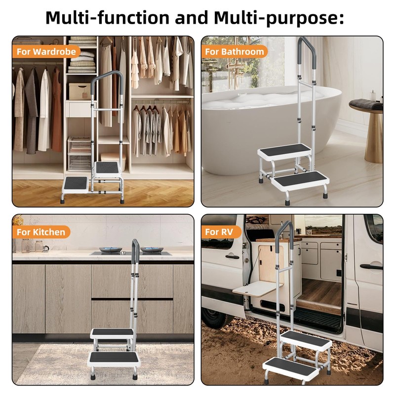 2 Step Stool with Handle & Non-Skid Platform, Adjustable Handrail