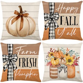 Ni-JASW Orange Buffalo Plaid Fall Throw Pillow Covers 18x18 inch Set of 4, Farmhouse Pumpkin Jars Autumn Pillow Cases for Couch Sofa
