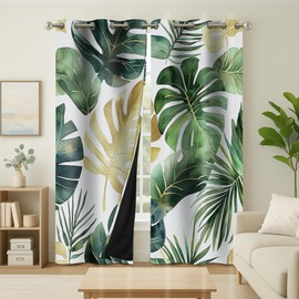 YUVVLFY Tropical Leaf 100% Blackout Curtains – Green Palm Tree Hawaiian Grommet Drapes, Thermal Insulated Window Panels for Bedroom, Living Room, Kids Room, 42 x 63 Inch