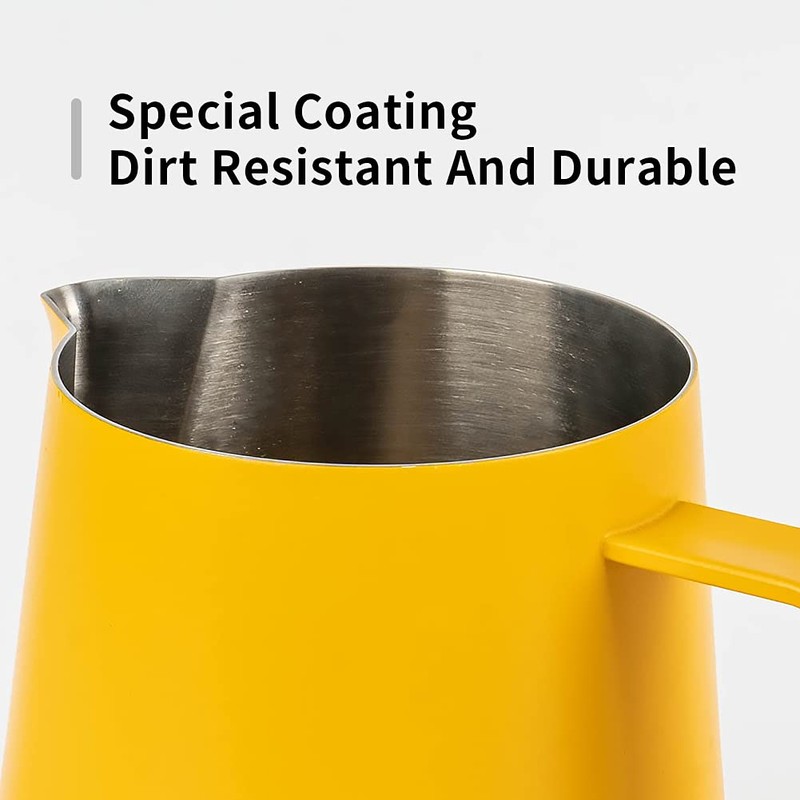 watchget ミルク泡立てピッチャー 250ml (8オンス)ラテアートに適用 エスプレッソマシン用 ステンレススチール製ミルクジャグ カプチーノ、ラテのための最適なエスプレッソ蒸しピッチャーミルクジャグカップ,イエローマットコーティング