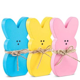 Easter Bunny Decor, 3Pcs Easter Wooden Bunny Peeps Rabbit Shape Tiered Tray Decor Rustic Farmhouse Decor for Office Dining Room Mantle Home Wood Rustic Farmhouse (Blue+Yellow+Pink)