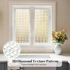 Windimiley Window Privacy Film, Stained Glass Window Film Heat Control UV, Frosted Rainbow Bathroom Decorative Film Diamond 3D Static Clings, Peel and Stick Window Tint for Home