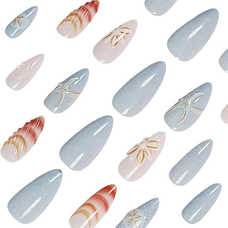 24PCS Ocean Theme Press On Nails - 3D Blue White