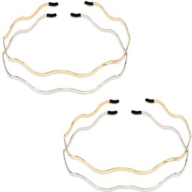 ZWxqysp 4 Pcs Trendy Gold Metal Headbands for Women & Teens Girls - Thin Wavy Headband Elastic Hair Bands, Gold & Silver