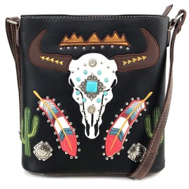 Zelris Longhorn Skull Embroidered Feather Cactus Design Women Concealed Carry Crossbody Messenger Bag (Black)