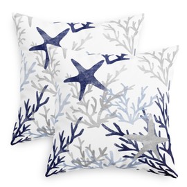 CaliTime Throw Pillow Cases Pack of 2 Cozy Fleece Starfish Sea Coral Tree Decorative Cushion Covers for Couch Bed Sofa Farmhouse Decoration 18 X 18 Inches Navy Blue Grey