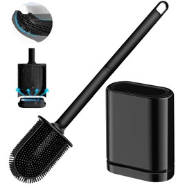 Silicone Toilet Brush and Holder Set, Toilet Brushes with Ventilated Holder, Wall Mounted Toilet Bowl Brush with Long Handle Bendable Brush Head, Black Toilet Brush Cleaner for Bathroom RV