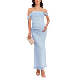 AISWI Women's Maternity Off The Shoulder Maxi Dress Mesh Ruched Bodycon Pregnancy Dresses Baby Shower Photoshoot, Light Blue, Large