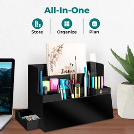 NYPOT Black Wood Desk Organizer - Wooden Desktop Mail Organizer Countertop with 2 Drawers and Dry Erase Board - Top Bamboo Desk Buddy Whiteboard with Storage, Accessories Included