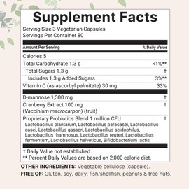 Pure D Mannose 1,300mg with Cranberry & Probiotics, 240 Veggie Capsules | Urinary Tract Health for Women | Plus 1 Million CFU Probiotics Blend & High Absorption Vitamin C | Filler Free, Non-GMO