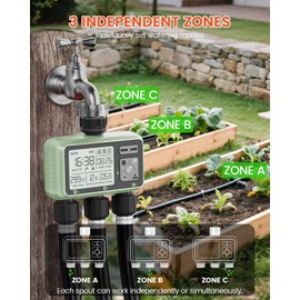 Sprinkler Timer 3 Zone Water Timer for Garden Hose Programmable Outdoor Hose Faucet Controller with Rain Delay Manual and Automatic Irrigation Controller System Low Battery Warning for Lawn Yard